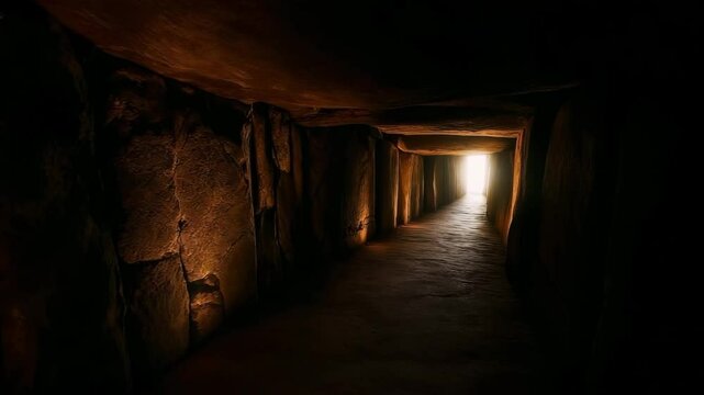 Interior view of neolithic passage tomb corridor leading to burial chamber with dramatic lighting. Ancient megalithic tomb showcasing stone slab construction and prehistoric burial architecture.