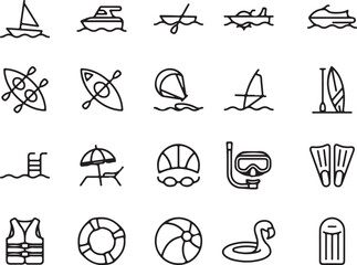 water sports, beach, summer, holiday, vacation, boat, sailboat, kayak, canoe, jet ski, windsurf, surf, paddle board, swimming pool, beach umbrella, beach chair, swimming cap, goggles, snorkel, 