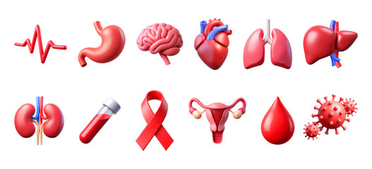 Human Organs & Health Awareness, Set of 3D Medical Icons – Glossy Minimal Emoji Style, Isolated PNG objects