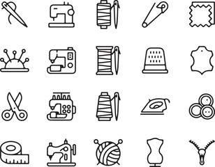sewing, tailoring, tools, equipment, needle, thread, scissors, safety pin, fabric, sewing machine, thimble, leather, iron, buttons, measuring tape, yarn, ball, dress form, zipper, outline, vector, ico