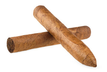 Pair of handmade cigars isolated on a white background. Luxury cigars.