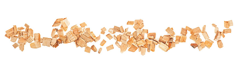 Chips for smoking meat and fish isolated on a white background, view from above. Pile of mixed wood chips.