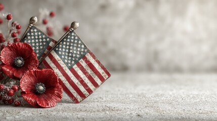 Obraz premium Honoring patriotism miniature flags and remembrance poppies display