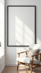 Sleek black frame against pristine white wall , clean, elegant, blank