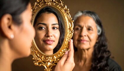 Woman with mirror, reflection, aging, and family.