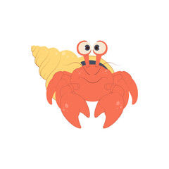 Cheerful hermit crab with a shell. Bright and fun ocean character for children's books, games, and marine-themed designs or educational projects.