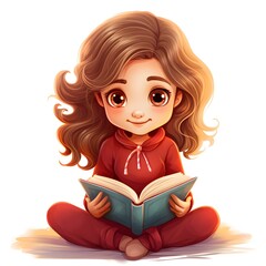 Educational cartoon illustration of a girl reading a book for learning concepts and knowledge
