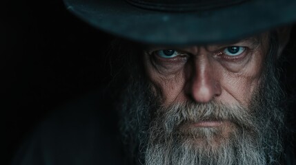 Fototapeta premium An intense portrait capturing the piercing gaze of a bearded man wearing a dark hat, evoking feelings of mystery and depth in the composition.