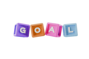 colourful 3d building block cubes spelling the word goal, transparent background