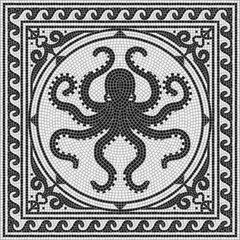 Ancient Roman Black and white mosaic with octopus. Vector Illustration