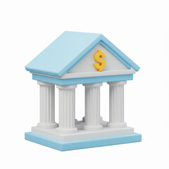 3D Bank Building Icon in Blue and White with Dollar Sign – Financial Institution Symbol Isolated on White