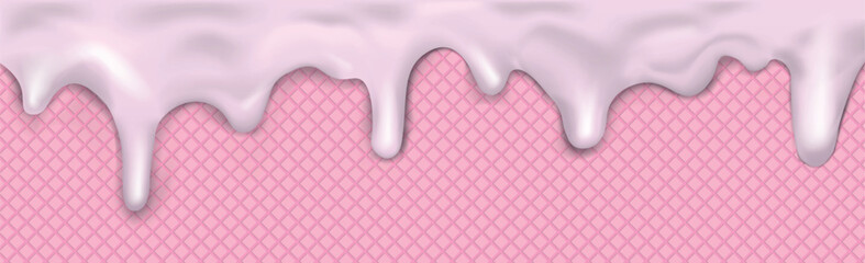 Sweet seamless panoramic ice cream pattern with dripping pink icing and wafer texture - Vector illustration