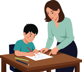 Mother helping son with homework at wooden table in educational learning moment