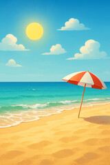 Sunny Beach Scene with Umbrella and Blue Ocean