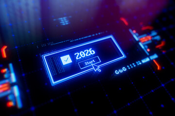 New 2026 year popup window on digital lcd display with reflection. Concept of new year, annual plan, growth strategy, business planning, investment trends and strategy road map.