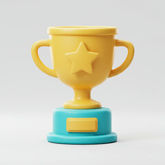Toy Trophy Cup in Yellow and Blue with Star Emblem &ndash; 3D Icon Isolated on White Background