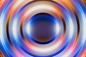 Abstract colorful background in blue and orange neon colors with iridescent gradients and glowing rings. Perfect for website design, advertising, app interfaces, ads, social media and presentations
