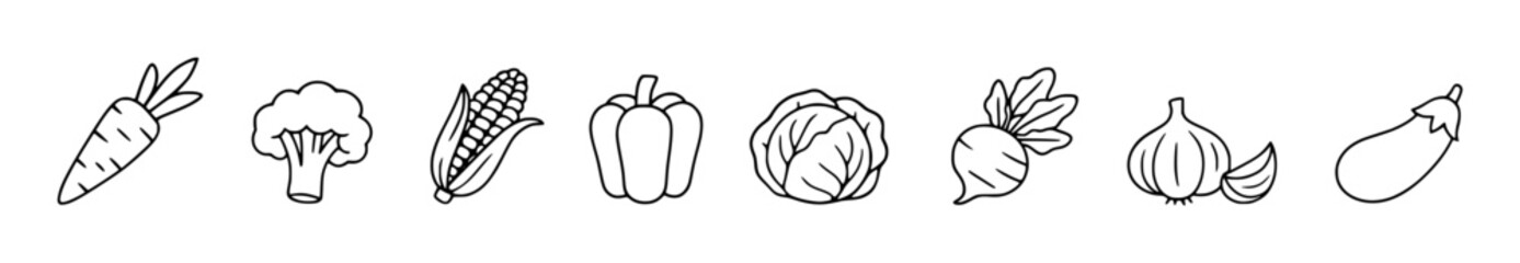 set of vegetables, carrot, broccoli,, corn, bell pepper, cabbage, beet, garlic, eggplant, vector, illustration