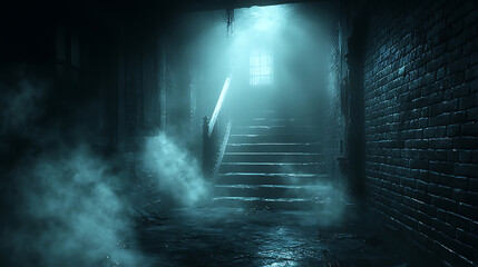 Mysterious Foggy Staircase in a Dark, Old Brick Building