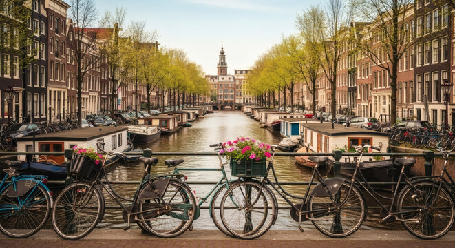 Bicycles parked on a bridge overlooking canal in amsterdam city view