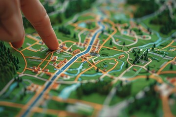 Fototapeta premium Traveler s finger points out route on a detailed map for navigation and exploration adventures