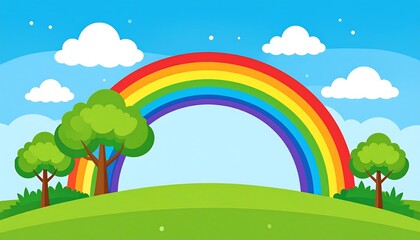 Rainbow over green hill landscape.