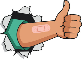 Hand giving thumbs up with adhesive bandage breaking through wall in vector illustration design 