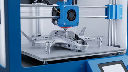 3D printer creating silver drone model layer by layer, showcasing additive manufacturing technology and innovative design process