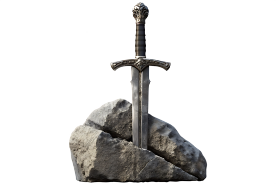 Majestic sword in stone isolated on a white background png ai generated