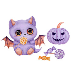 Cute Halloween Monster with Purple Pumpkin and Candy. Watercolor illustration of a cute purple monster holding a lollipop, surrounded by a spooky purple jack-o'-lantern and colorful candies.