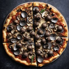 A gourmet truffle and mushroom pizza with thin crispy crust