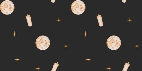 Watercolor Celestial Elements Pattern with Stars and Moons. Seamless watercolor pattern with hand-painted full moons, burning candles, and golden stars on a black background.