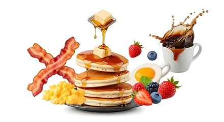 American Breakfast Ingredients Floating Food Photography Commercial isolated on white background 