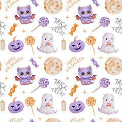 Cute Halloween Seamless Pattern with Ghosts and Purple Pumpkins. Seamless pattern with pumpkins, cute ghosts, cartoon bats, lollipops, wrapped candies, full moons, candles, and handwritten text.