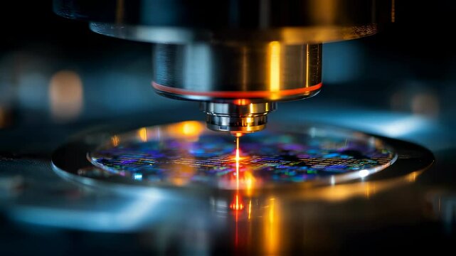 Advanced industrial laser precisely engraves intricate patterns onto a colorful microchip surface, showcasing cutting edge technology in microelectronics manufacturing