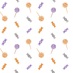 Cute Halloween Seamless Pattern with sweets: lollipops, wrapped candies.