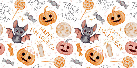 Cute Halloween Seamless Pattern with Pumpkins and Bats. Seamless Pattern with full moon, lollipops, wrapped candies, candles, stars, and handwritten text on a white background.