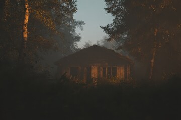 Abandoned forest cabin surrounded by mist and trees at dawn creates a tranquil yet eerie atmosphere