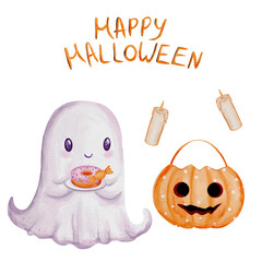 
Watercolor illustration of Ghost with donut, candles, hand written text Happy Halloween and orange pumpkin.