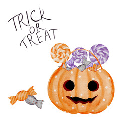 Halloween Pumpkin Full of Colorful Candy. Whimsical watercolor Halloween illustration of a pumpkin candy bucket with polka dots, spooky face, and colorful lollipops, with hand-draw.