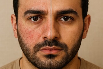 Transformation showcasing the contrast of skin texture before and after treatment on a man’s face, highlighting improvements in complexion.