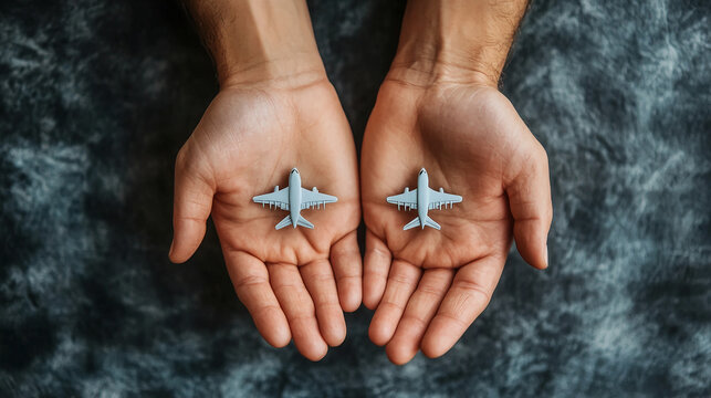 Two toy airplanes in hands travel concept aviation industry aircraft design travel planning destination