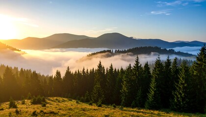 Sunrise over misty mountain forest.