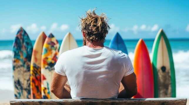 A pensive surfer sitting on a bench, surrounded by colorful surfboards, gazing at the ocean waves, evoking thoughts of adventure and nature's beauty.