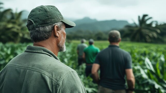 An elderly man wearing a cap watches his fellow workers from afar in a vast green field, reflecting on teamwork and the simplicity of rural life filled with dedication.
