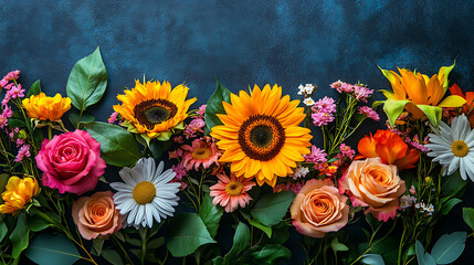 Vibrant Floral Arrangement Featuring Sunflowers, Daisies, and Roses on a Dark Background