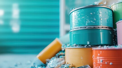 A vibrant display of colorful paint cans amid scrap materials, emphasizing creativity and the arts in a visually appealing and organized chaos.