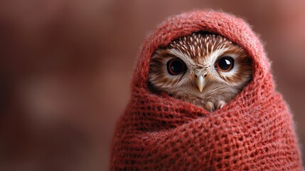 A close-up portrait of a small owl snuggled cutely in a vibrant red blanket, showcasing its large, expressive eyes and charming features that evoke feelings of tenderness and warmth.