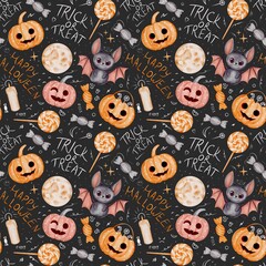 Festive Halloween Illustration with Cute Characters and Sweets. Seamless pattern with smiling pumpkins, cartoon bats, full moon, lollipops, wrapped candies, candles, stars and text on a dark backgroud