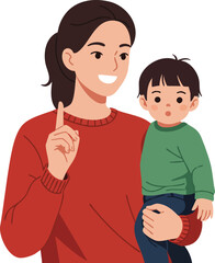 Mother holding toddler child teaching and smiling in casual red and green clothes vector illustration 